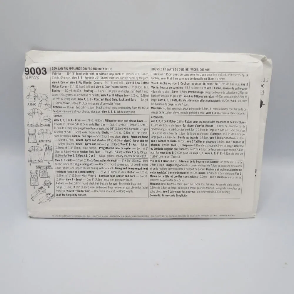 Simplicity Crafts 9003 Cow Pig Appliance Covers Oven Mitts One Size 1994